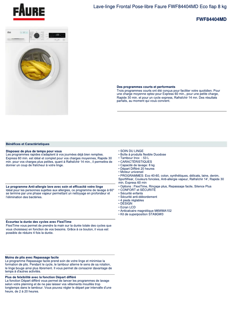 Página 1 del manual Ficha técnica Faure FWF84404MD