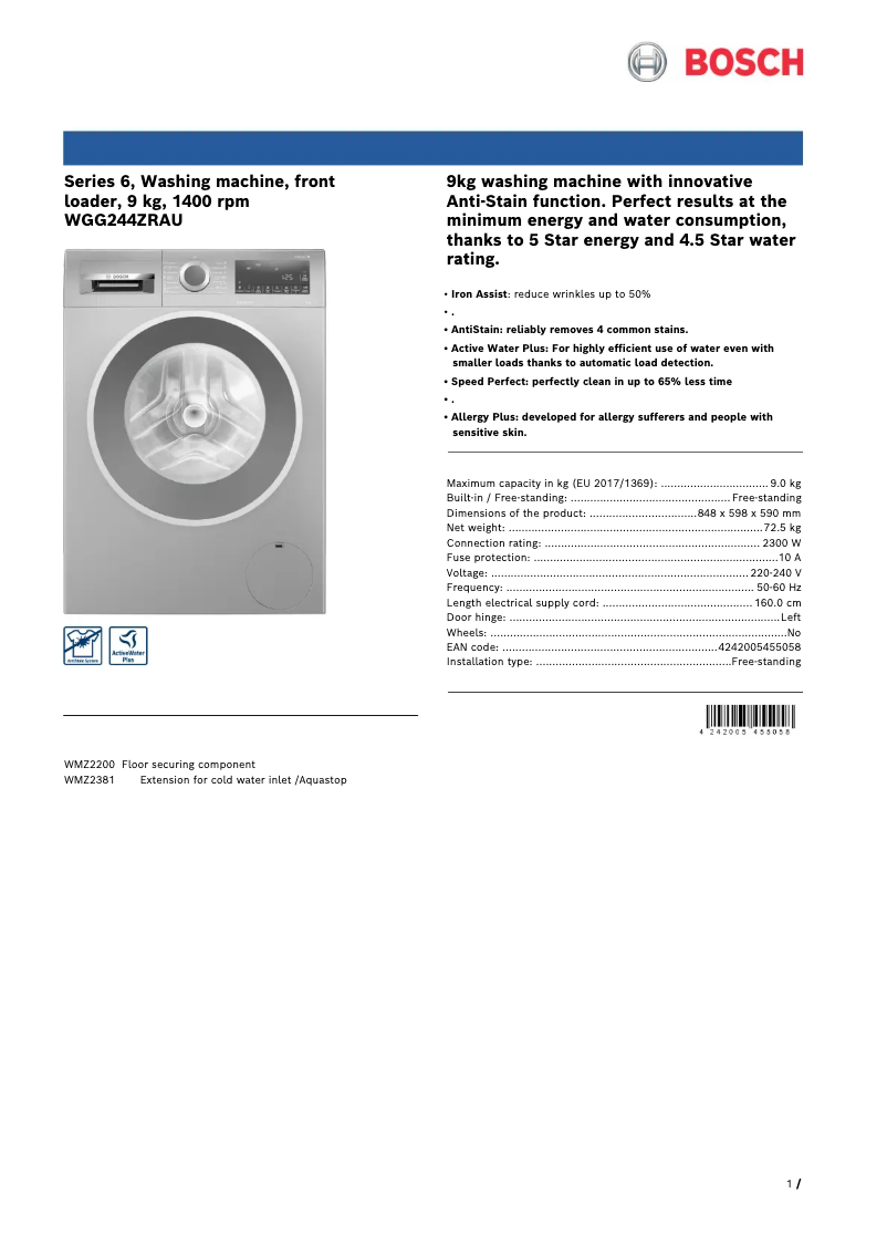 Página 1 del manual Ficha técnica Bosch WGG244ZRAU