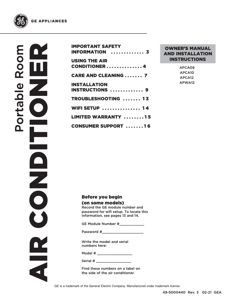 Página 1 del manual Manual de uso y mantenimiento GE APCA12YZMW
