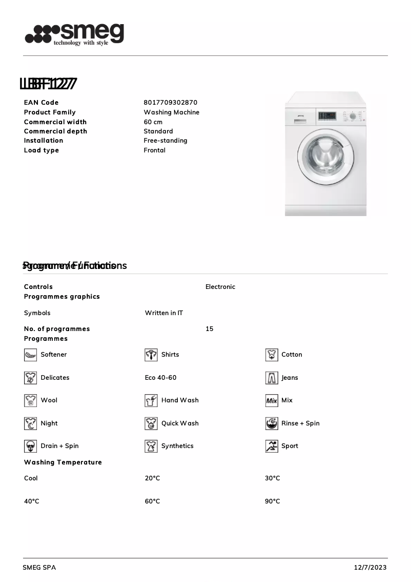 Página 1 del manual Ficha técnica Smeg LBF127