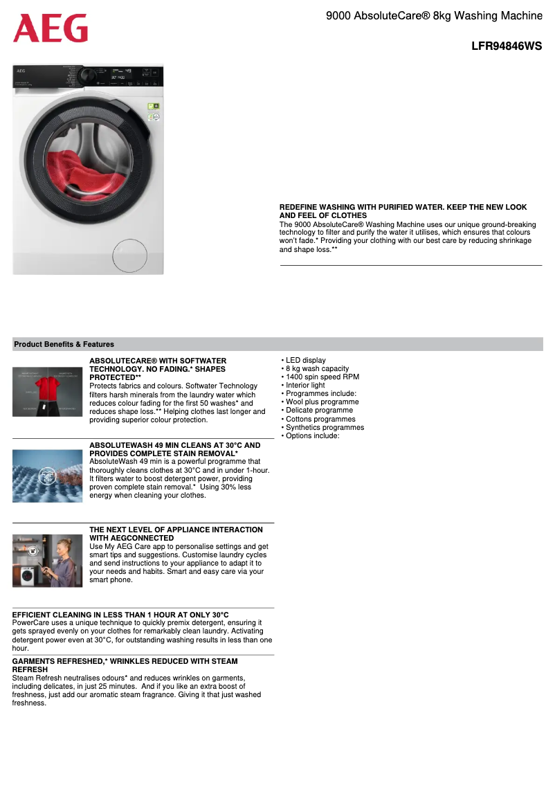 Página 1 del manual Ficha técnica AEG LFR94846WS