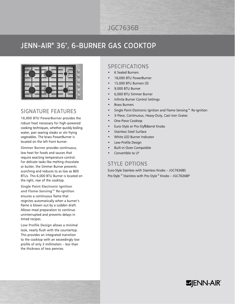 Página 1 del manual Ficha técnica JennAir JGC7636BP