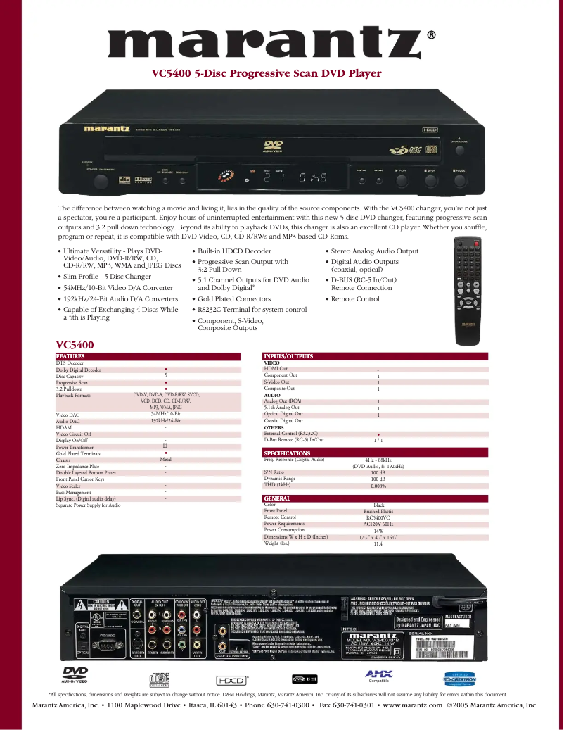 Página 1 del manual Ficha técnica Marantz VC5400
