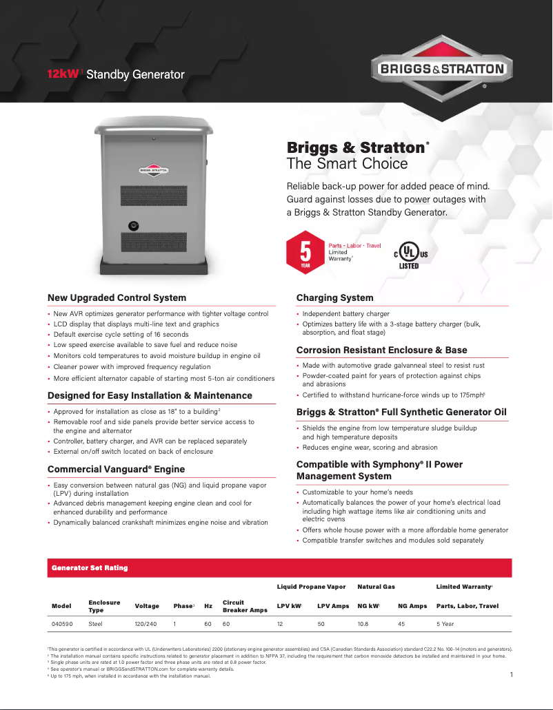 Página 1 del manual Ficha técnica Briggs & Stratton 12kW Standby Generator