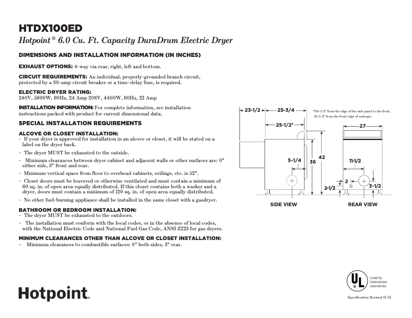 Página 1 del manual Ficha técnica Hotpoint HTDX100EDWW