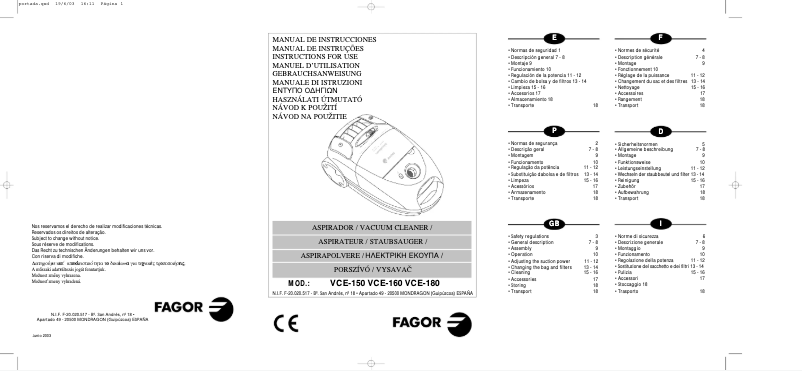 Página 1 del manual Manual de usuario Fagor VCE-150