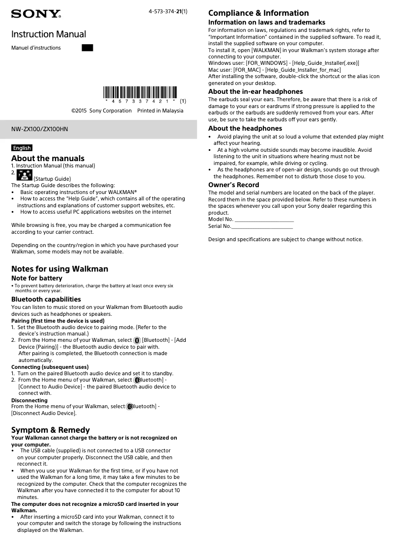 Imagen de la primera página del manual del dispositivo NW-ZX100HN