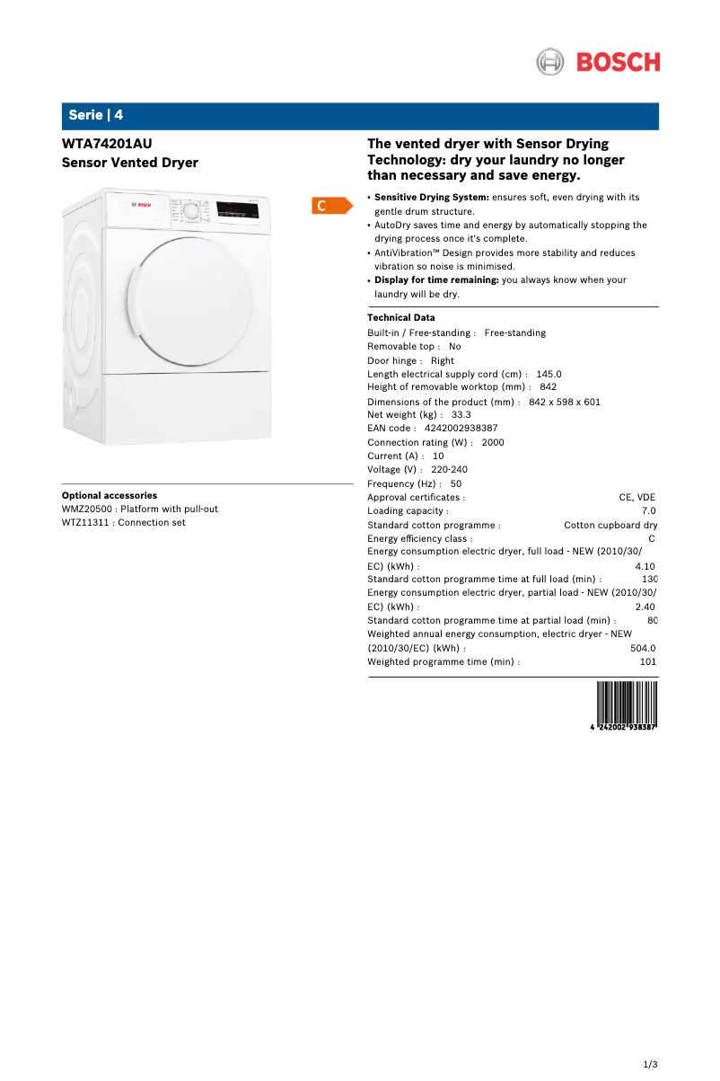 Página 1 del manual Ficha técnica Bosch WTA74201AU