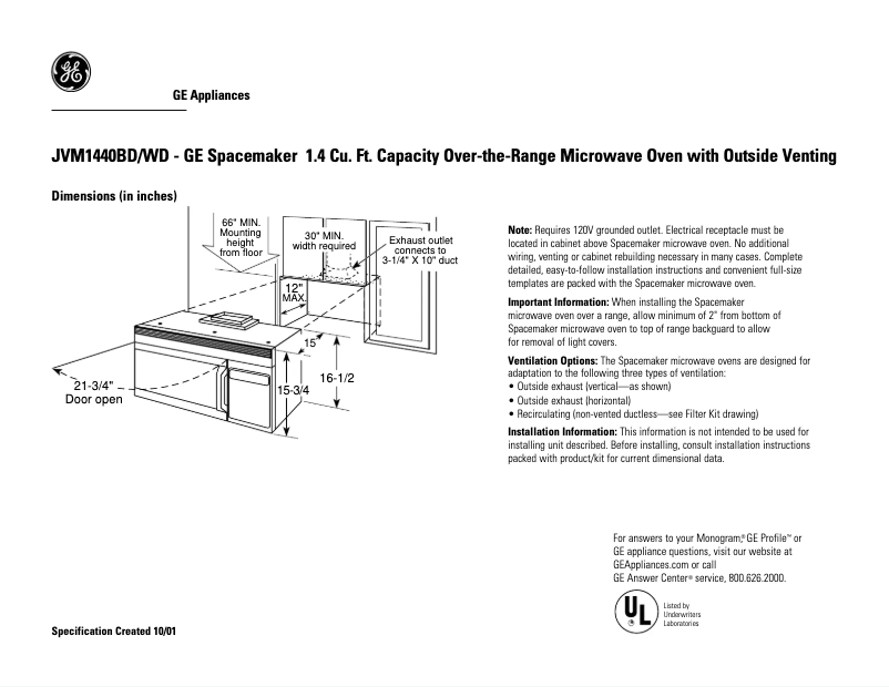 Página 1 del manual Ficha técnica GE JVM1440WD