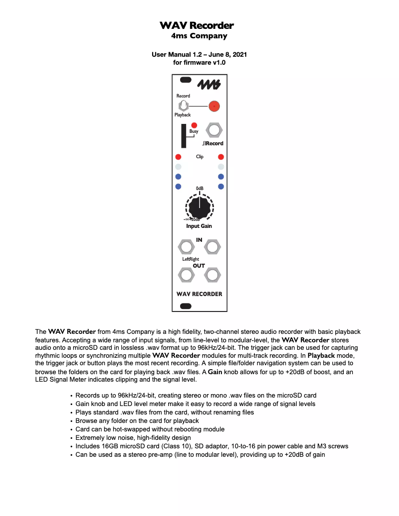 Página 1 del manual Manual de usuario 4ms WAV Recorder