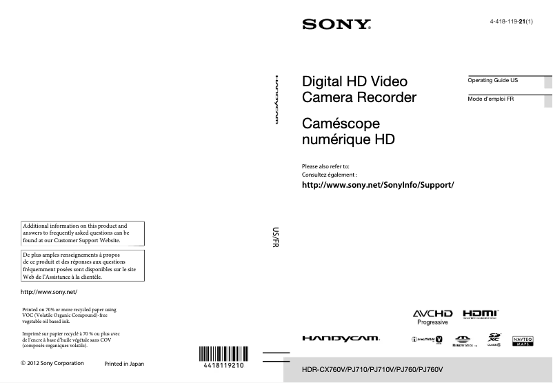 Imagen de la primera página del manual del dispositivo Handycam HDR-CX760V