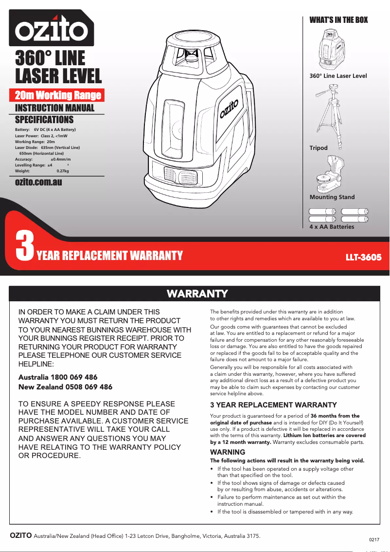 Página nº 1 - Manual de usuario Ozito LLT-3605