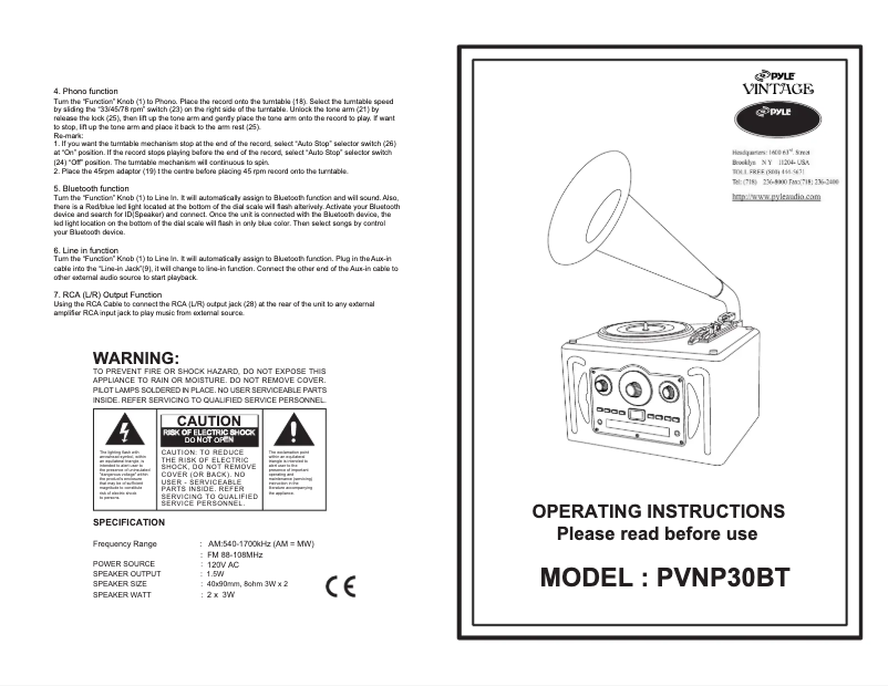 Página nº 1 - Manual de usuario Pyle PVNP30BT