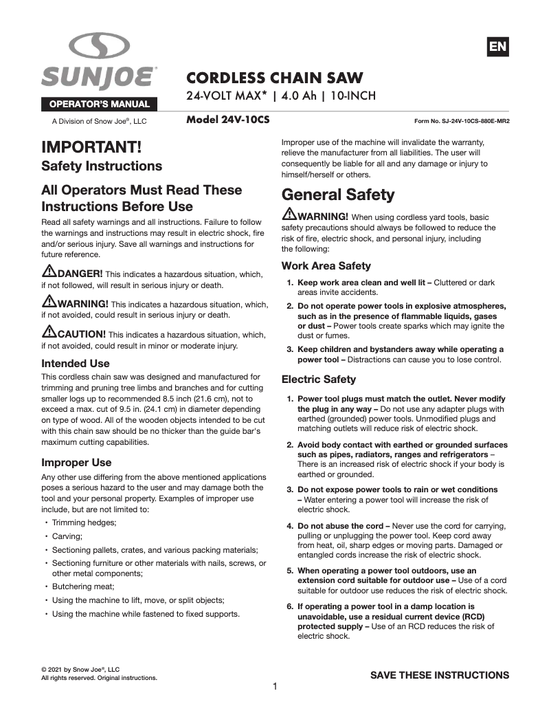 Página nº 1 - Manual de usuario Sun Joe 24V-10CS-CT