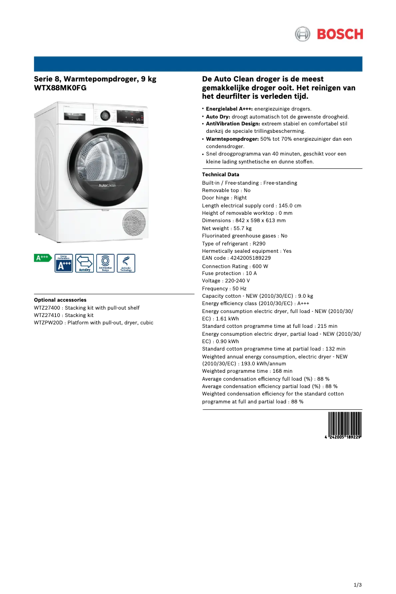 Página 1 del manual Ficha técnica Bosch WTX88MK0FG