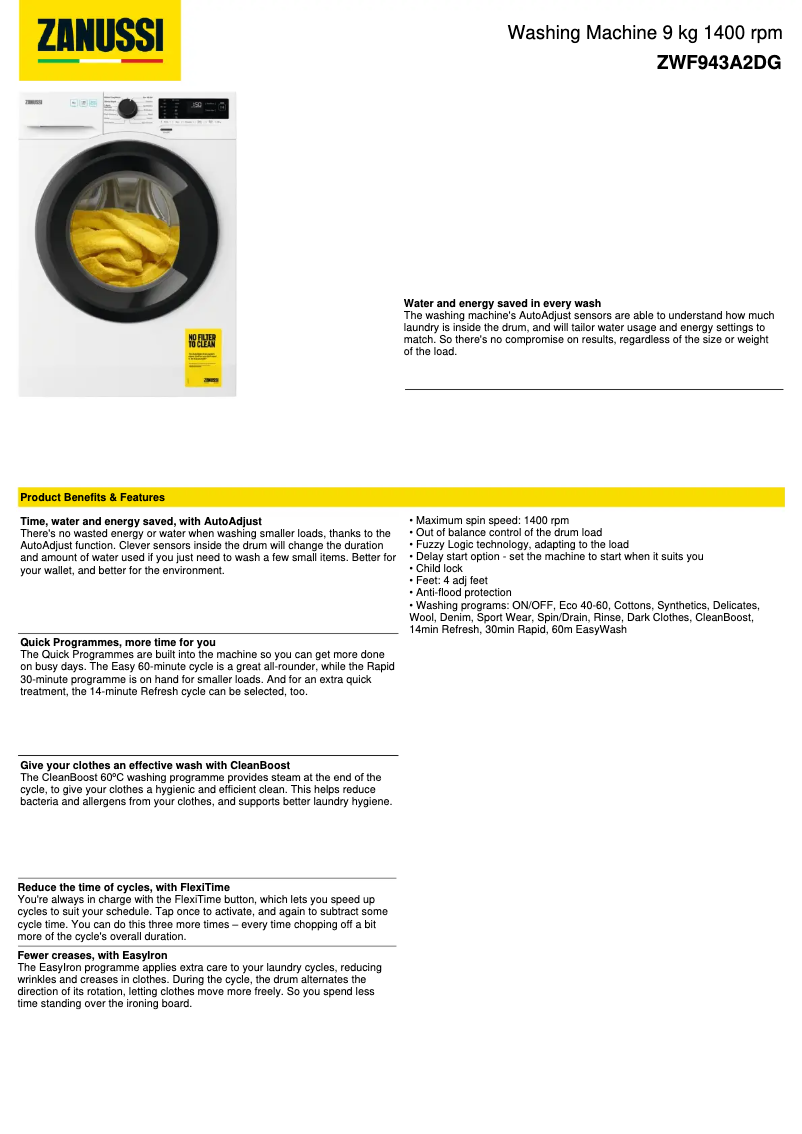 Página 1 del manual Ficha técnica Zanussi ZWF943A2DG
