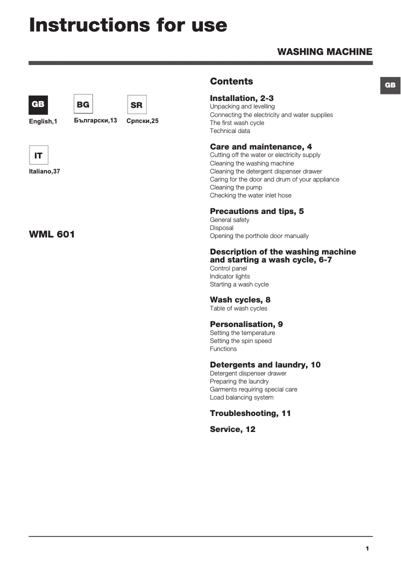 Página 1 del manual Manual de usuario Hotpoint Ariston WML 601 (EU)