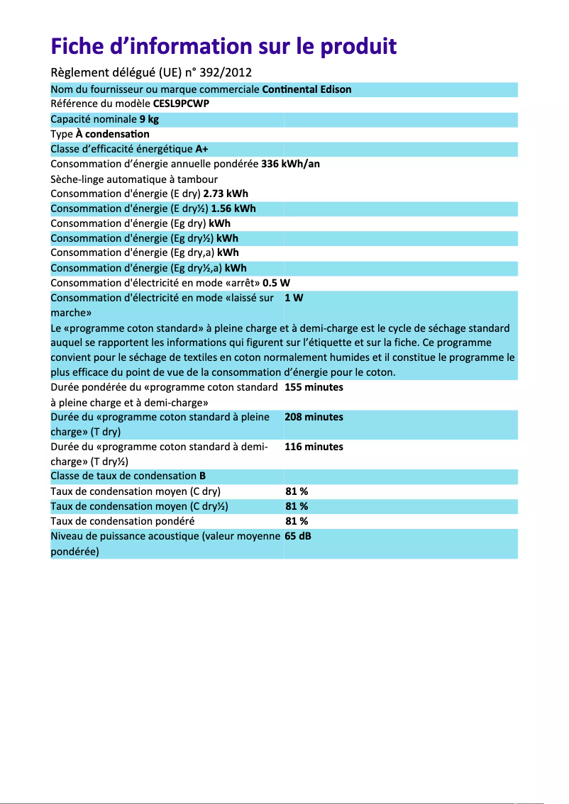 Página 1 del manual Etiqueta energética Continental Edison CESL9PCWP