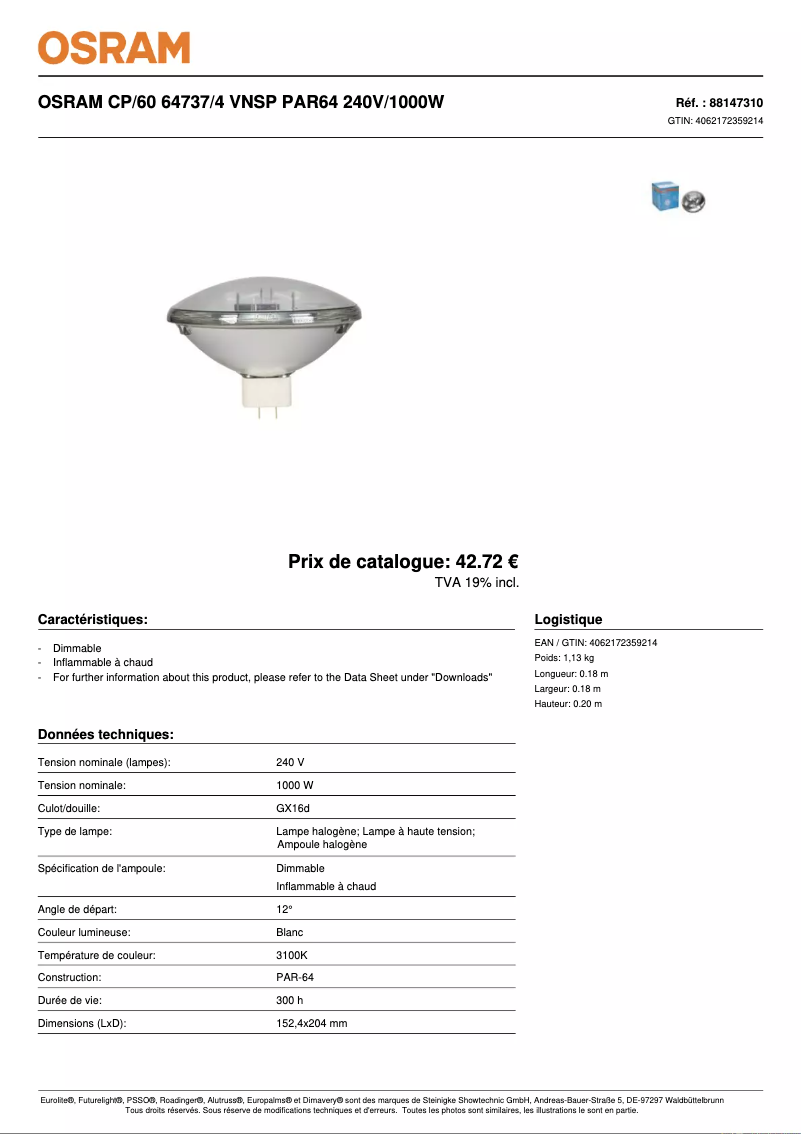 Página 1 del manual Ficha técnica Osram PAR64