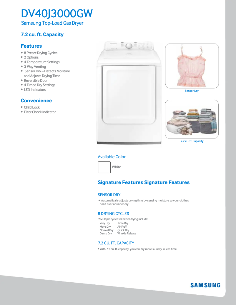 Página 1 del manual Ficha técnica Samsung DV40J3000GW