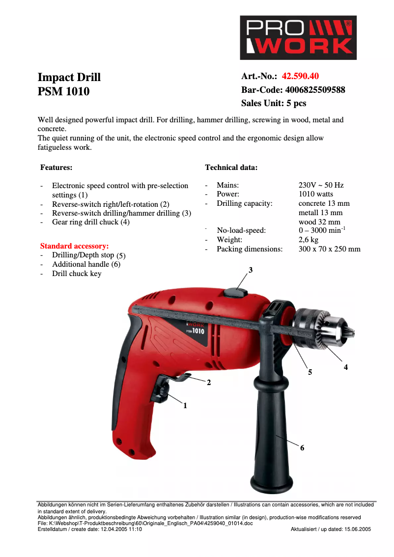 Página 1 del manual Ficha técnica Prowork PSM 1010
