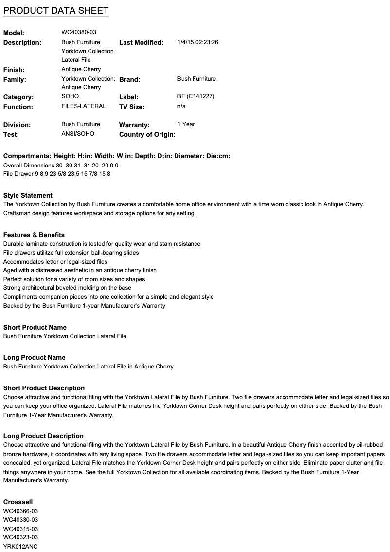 Página 1 del manual Ficha técnica Bush Yorktown WC40380-03