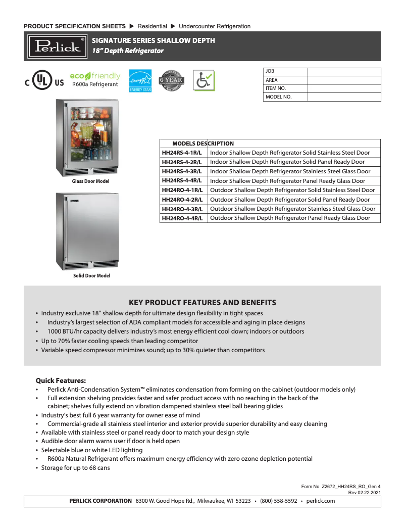 Página nº 1 - Ficha técnica Perlick HH24RS-4-3L