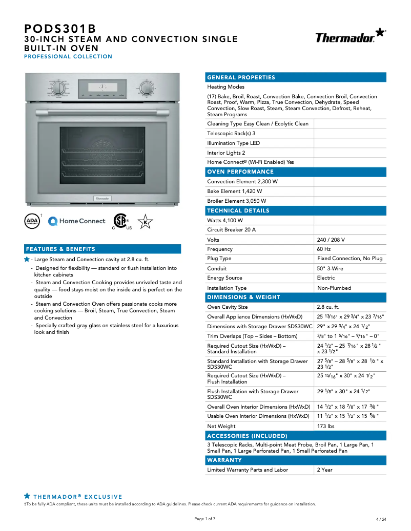 Página 1 del manual Ficha técnica Thermador PODS301B