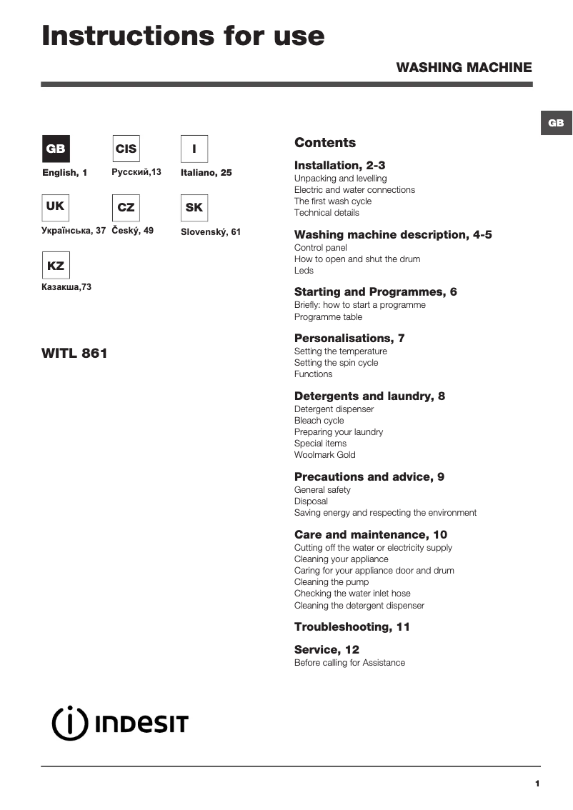 Página nº 1 - Manual de usuario Indesit WITL 861