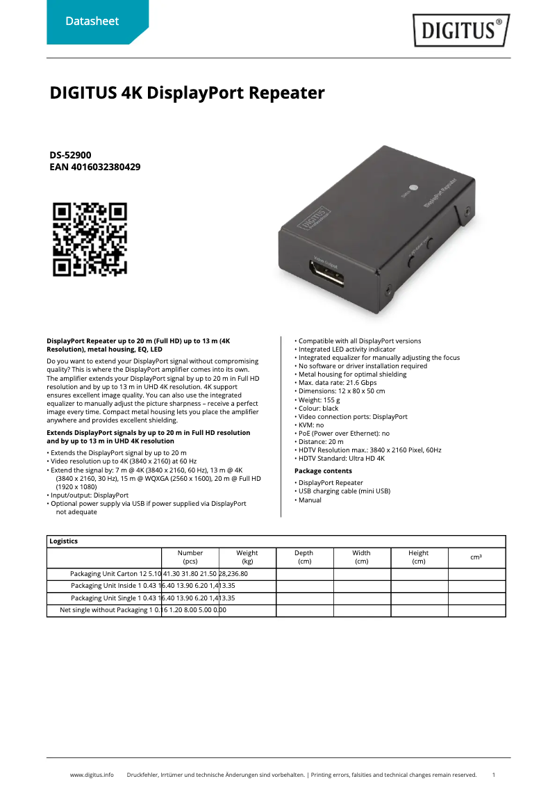 Página 1 del manual Ficha técnica Digitus DisplayPort Repeater DS-52900