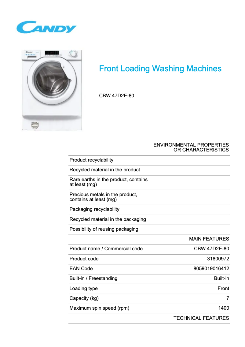 Página 1 del manual Ficha técnica Candy CBW 47D2E/1-80