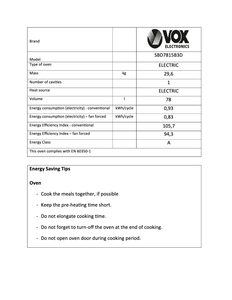 Página 1 del manual Ficha técnica VOX SBD7815B3D