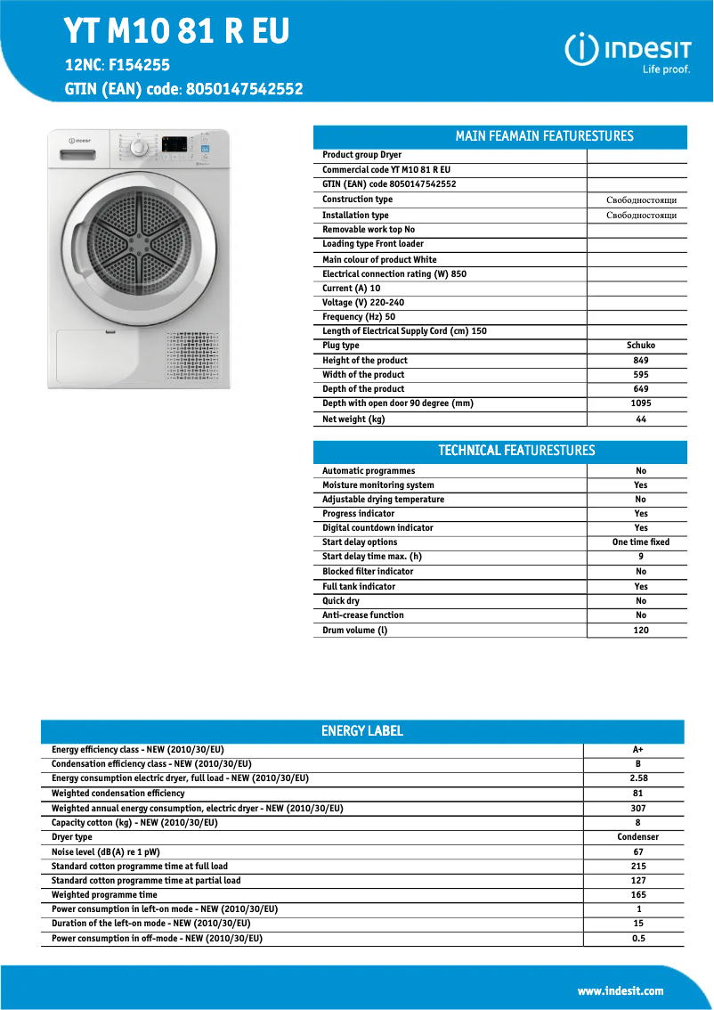 Página 1 del manual Ficha técnica Indesit YT M10 81 R EU