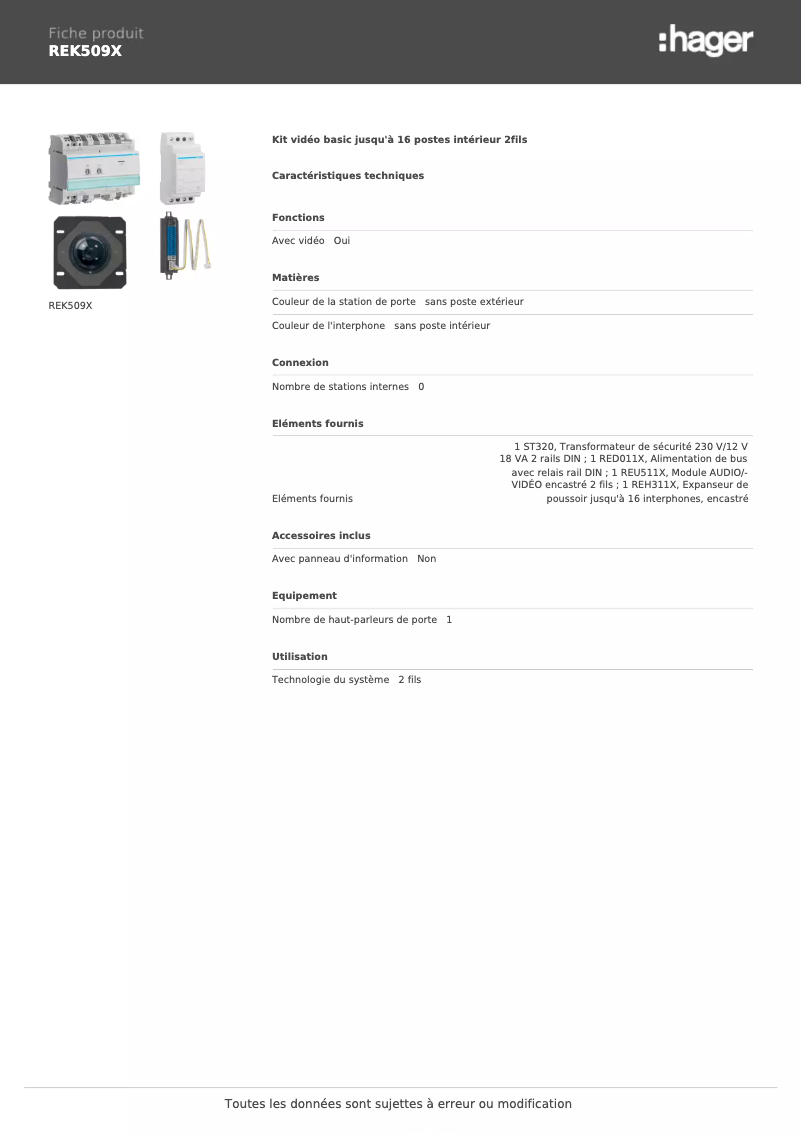 Página 1 del manual Ficha técnica Hager REK509X