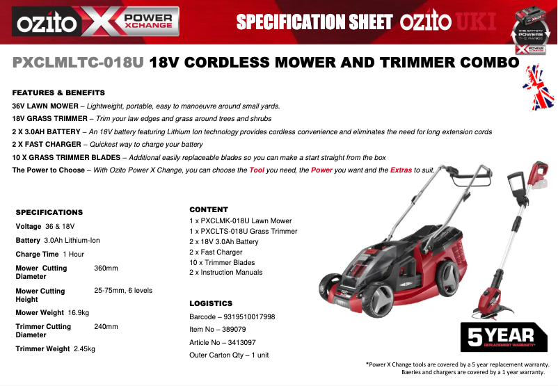 Página 1 del manual Ficha técnica Ozito PXCLMLTC-418U