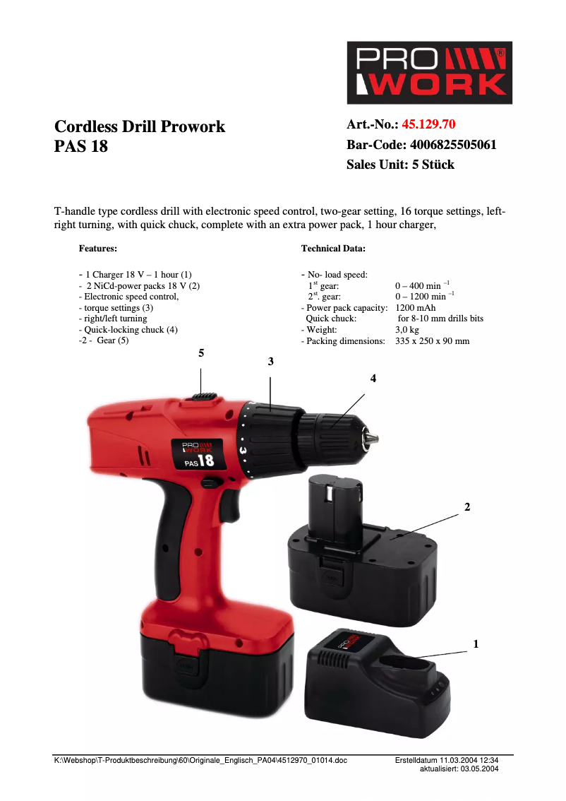Página 1 del manual Ficha técnica Prowork PAS 18
