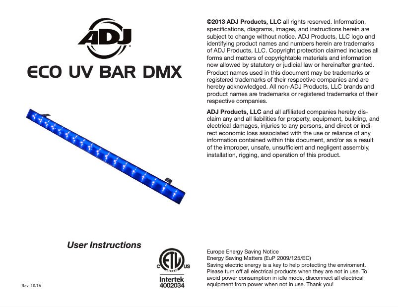Imagen de la primera página del manual del dispositivo Eco UV Bar DMX