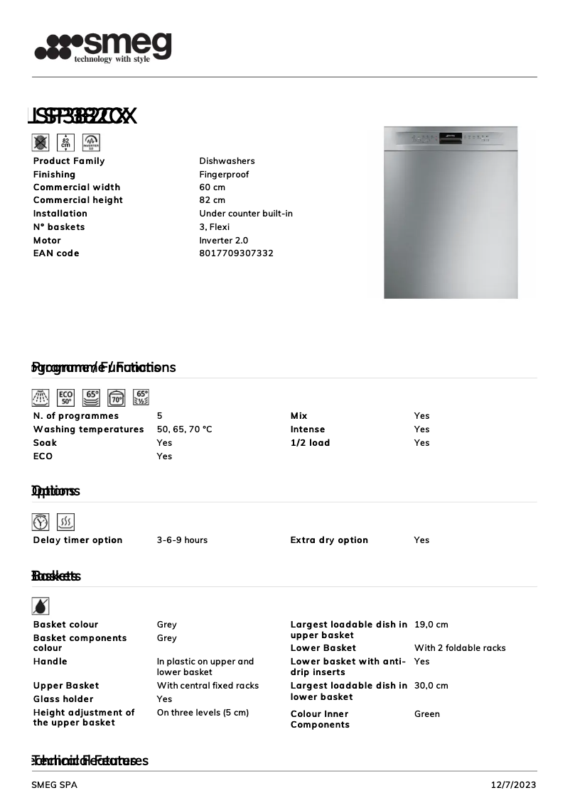 Página 1 del manual Ficha técnica Smeg LSP382CX