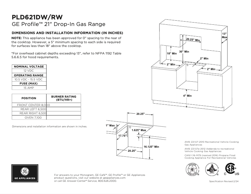 Página 1 del manual Ficha técnica GE Profile PLD621DWBB