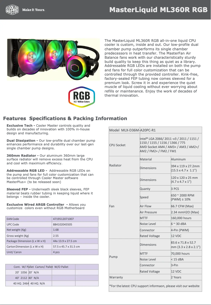 Página 1 del manual Ficha técnica Cooler Master MasterLiquid ML360R RGB