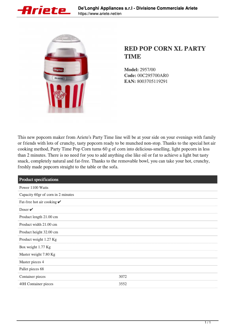 Página 1 del manual Ficha técnica Ariete Pop Corn XL Party Time 2957