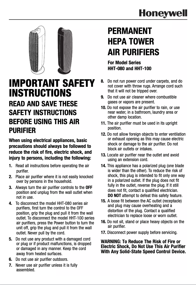 Imagen de la primera página del manual del dispositivo HEPAClean HHT-081