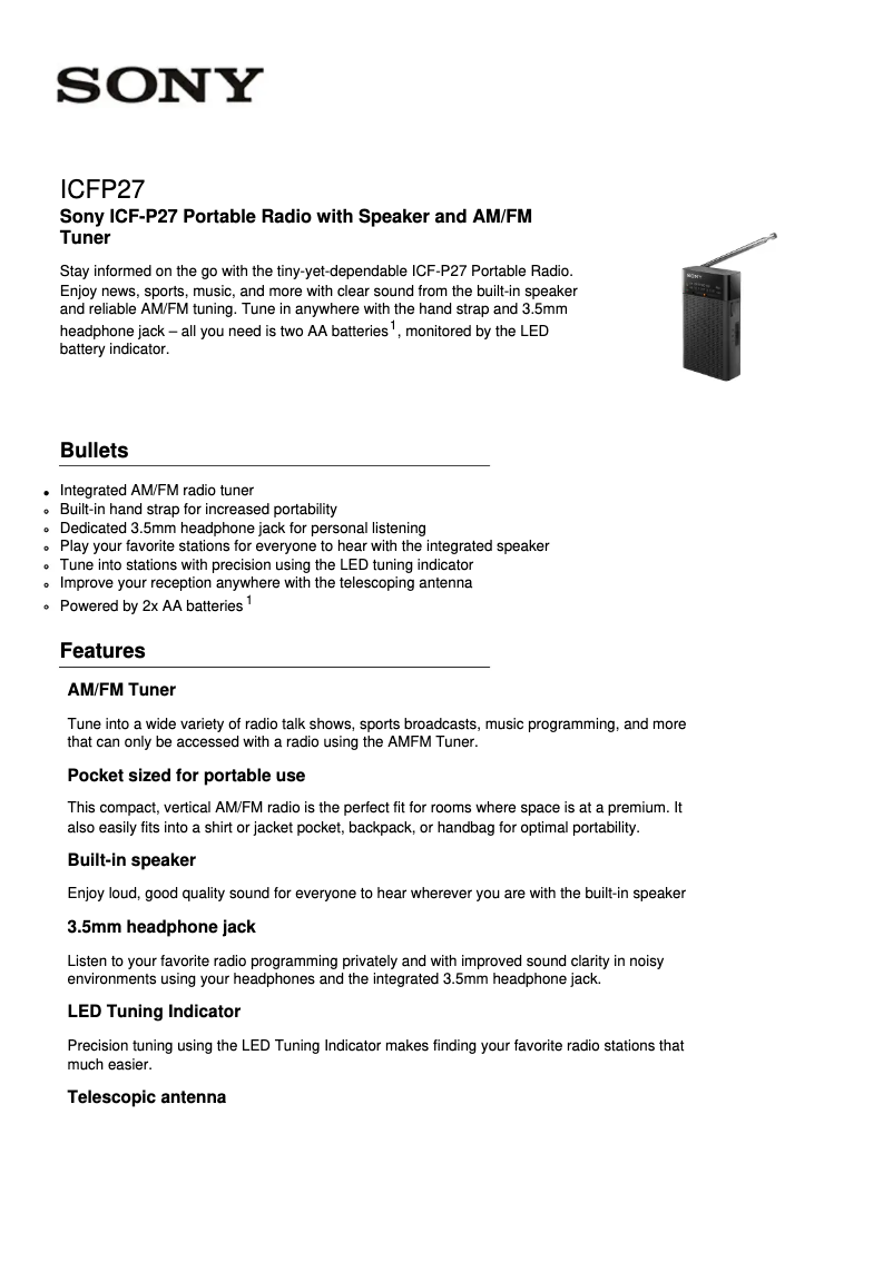 Página nº 1 - Ficha técnica Sony ICF-P27