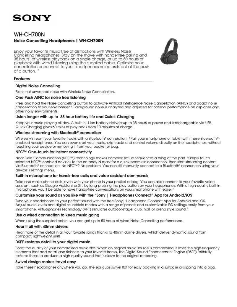 Página nº 1 - Ficha técnica Sony WH-CH700N