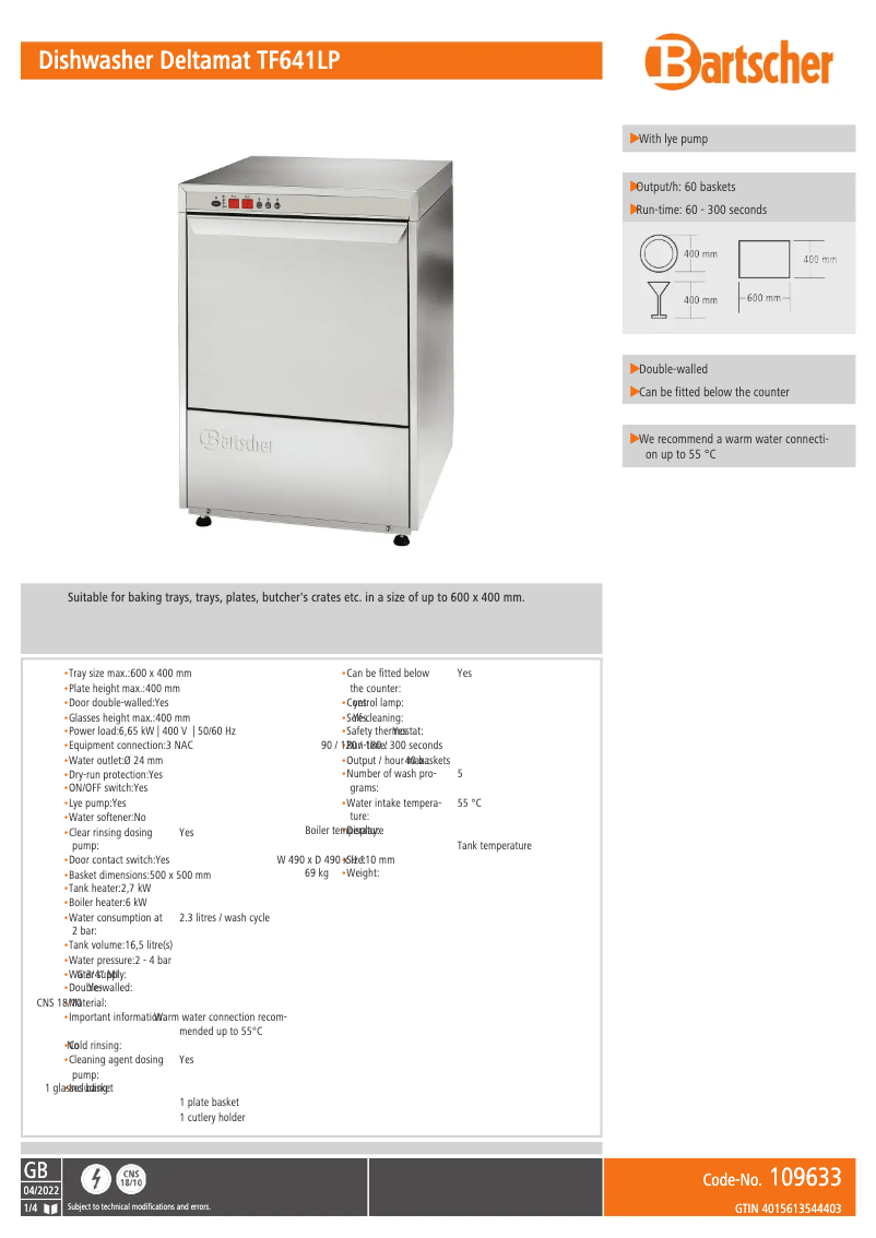 Página 1 del manual Ficha técnica Bartscher Deltamat TF 641 LP