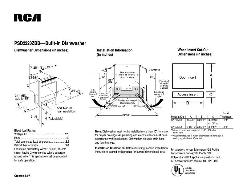 Página 1 del manual Ficha técnica RCA PSD2220ZBB