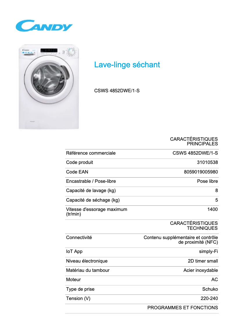 Página 1 del manual Ficha técnica Candy CSWS 4852DWE/1-S