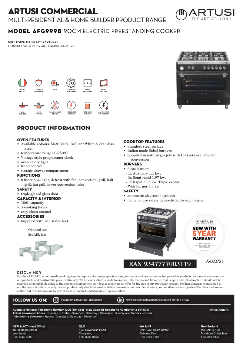 Página 1 del manual Ficha técnica Artusi AFG999B