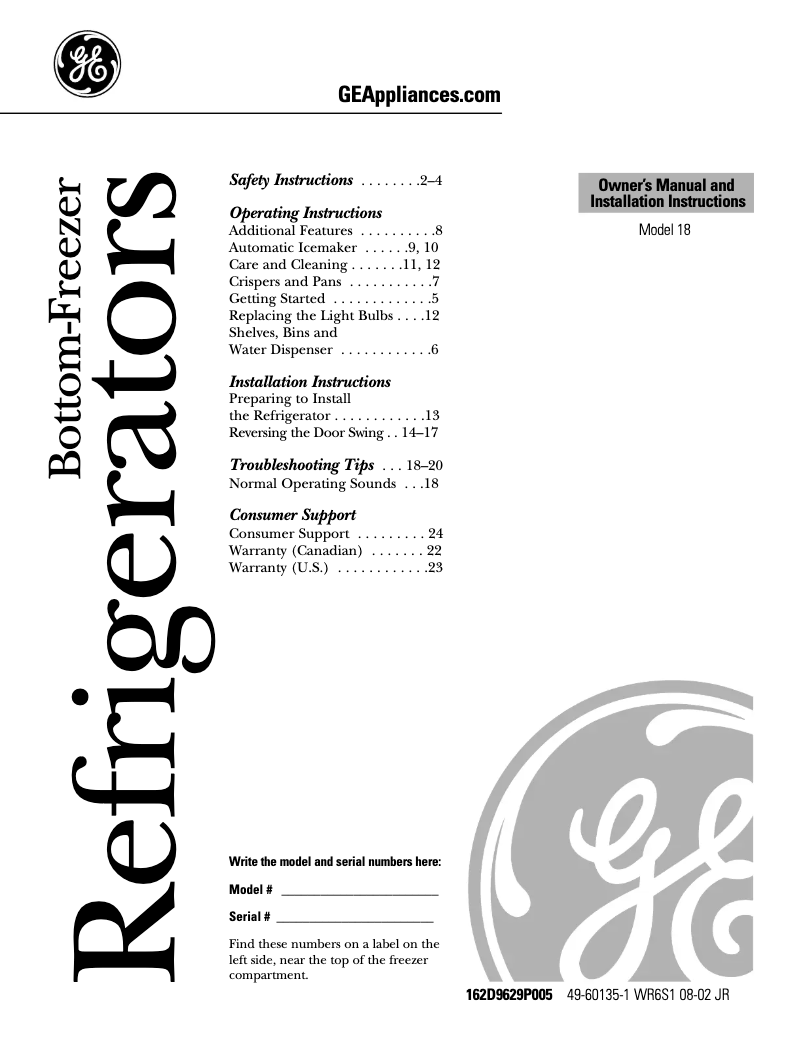 Página 1 del manual Manual de uso y mantenimiento GE GBS18HBMCC