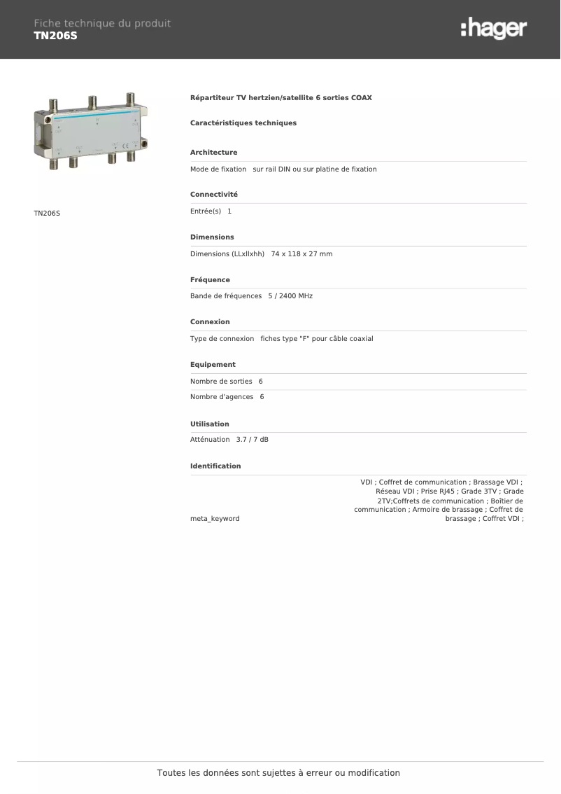 Página 1 del manual Ficha técnica Hager TN206S